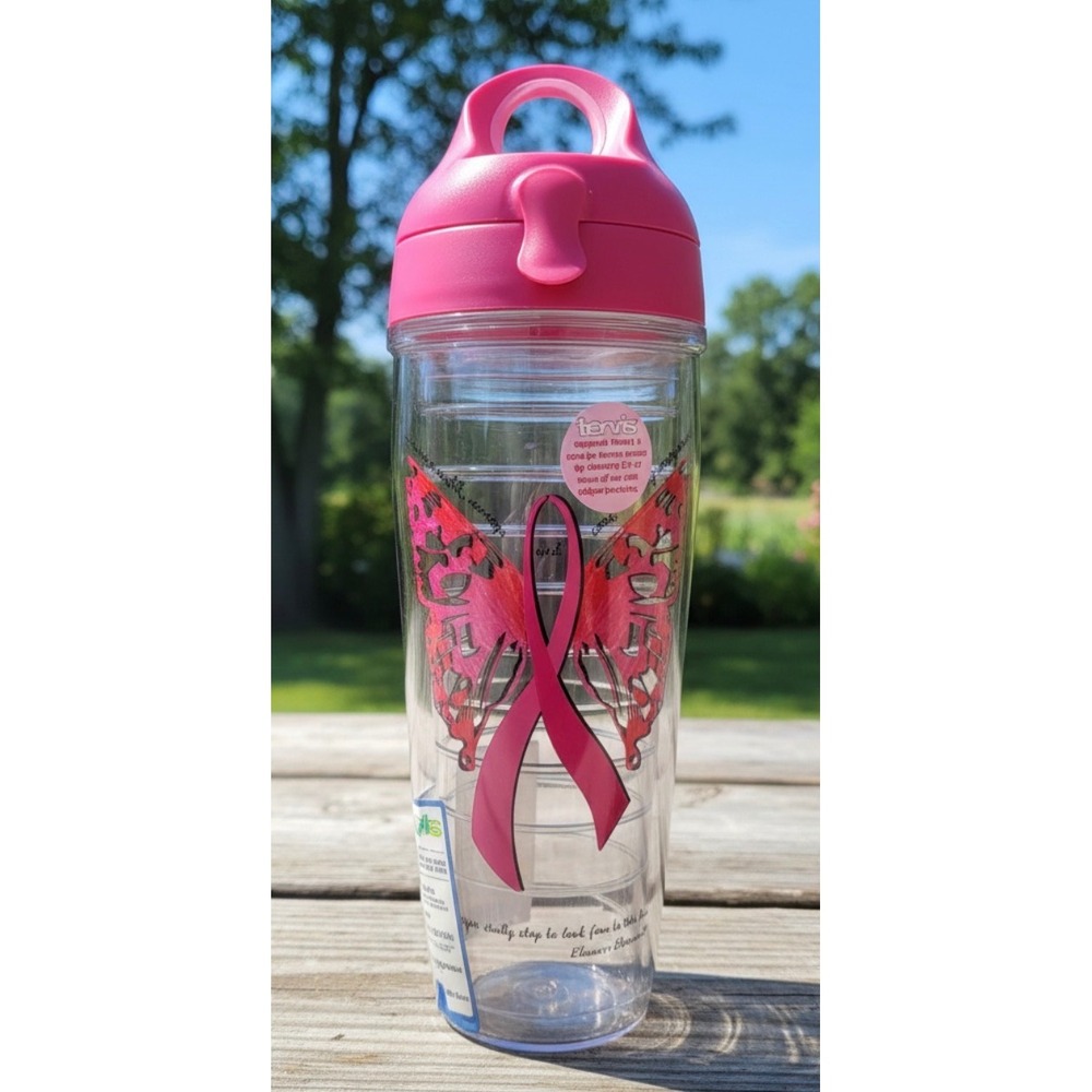 Tervis Pink Ribbon Butterfly Water Bottle Insulated Eleanor Roosevelt Quote 24oz